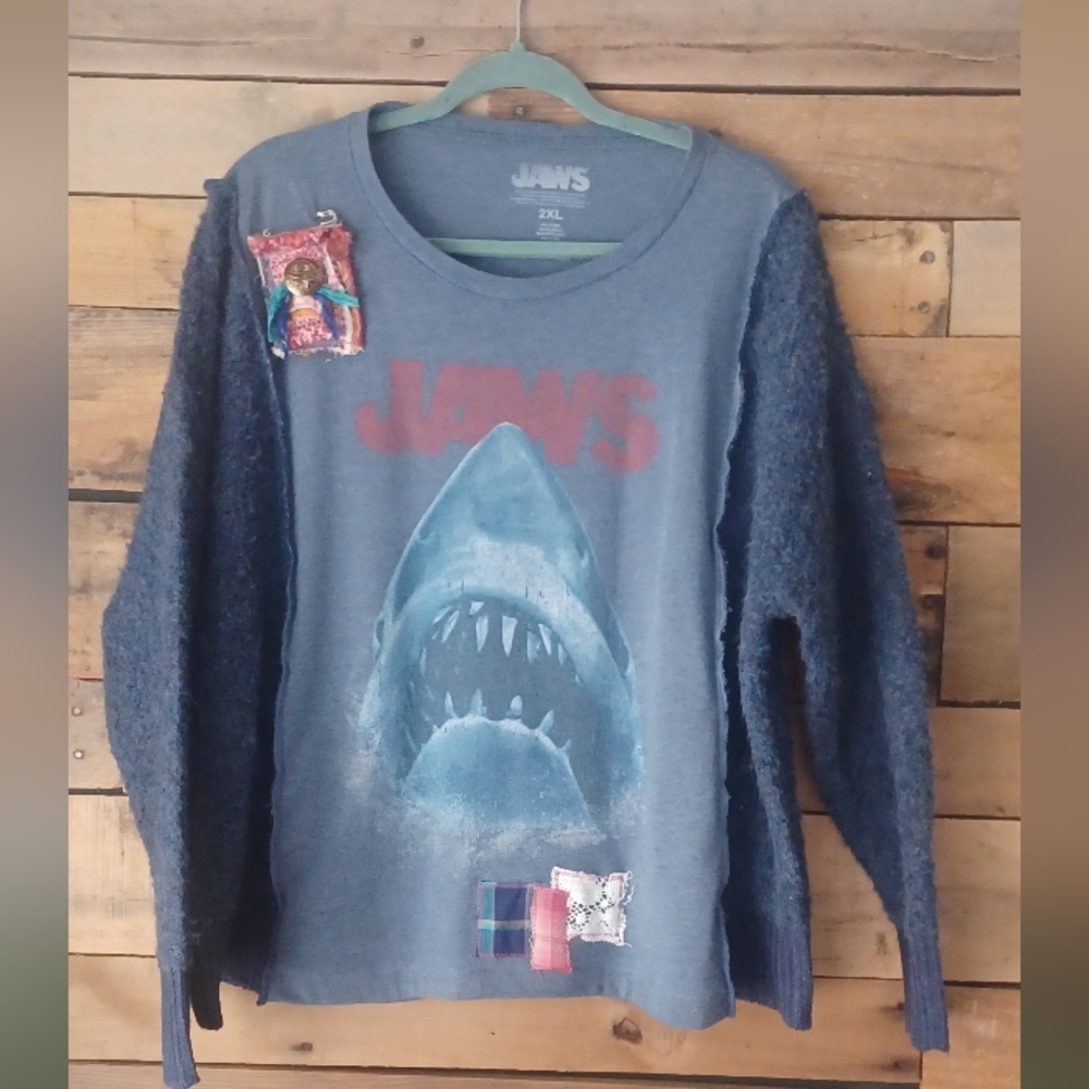 Upcycled Vintage JAWS Graphic Sweater with Shark Design